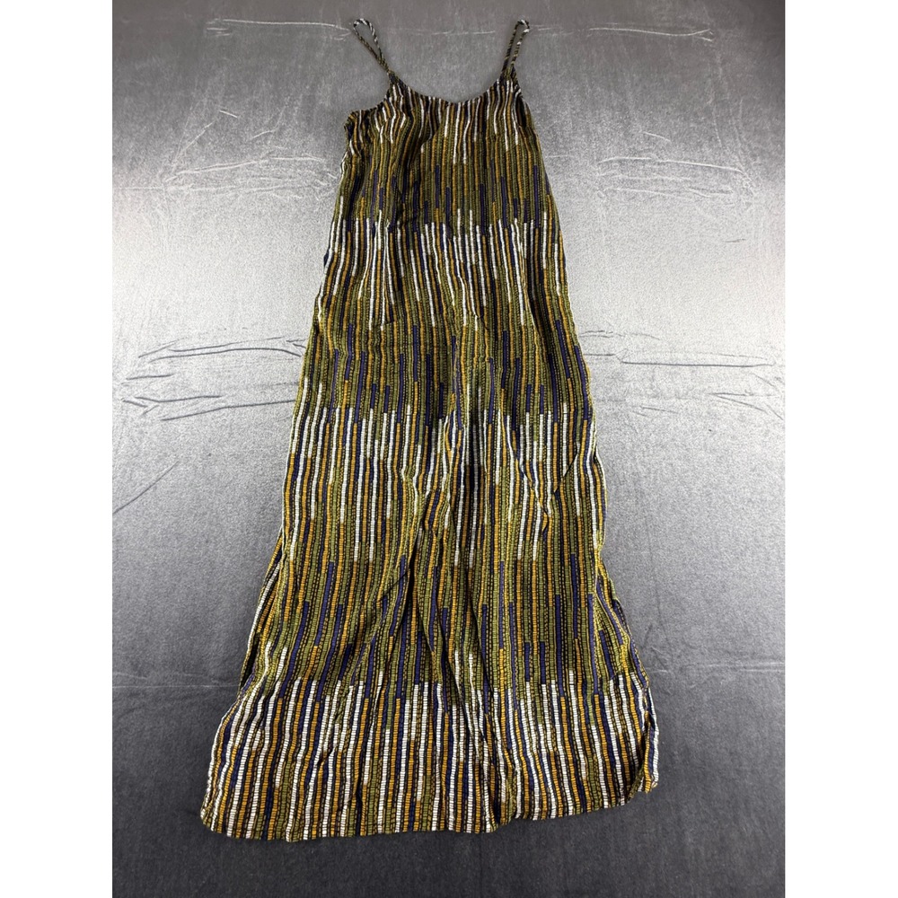 HM Womens Abstract Print Maxi Dress Mustard Olive Blue Viscose Size 4 03775623